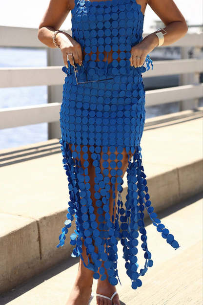 Caitlin See Through Circle Embroidery Elastic Waist Tassle Hem Maxi Skirt-consonak