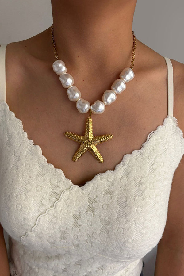 Bohemian Pearl Starfish Lotus Leaf Necklace-consonak