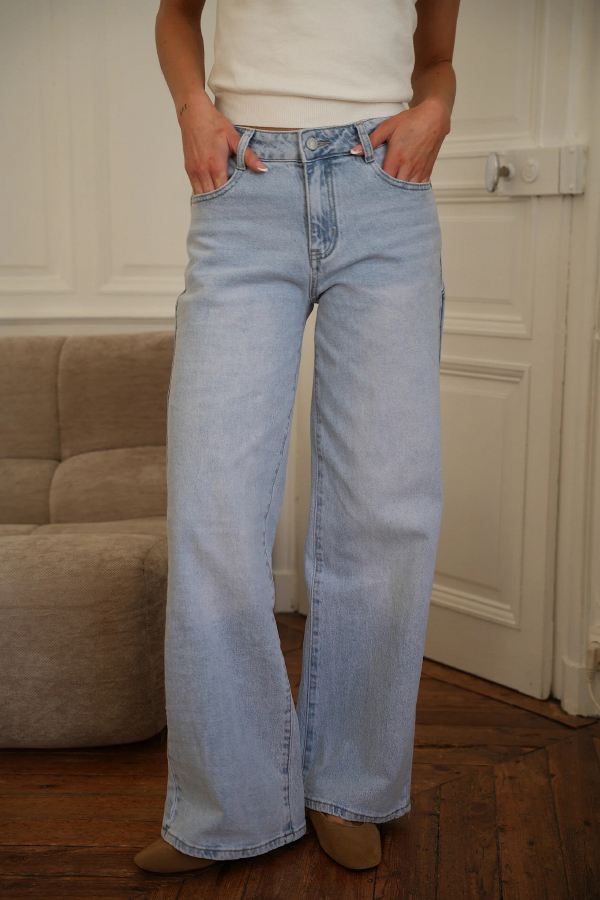 Stylish Denim Colorblock Star Patterned Mid Waist Pocket Wide Leg Jeans-consonak