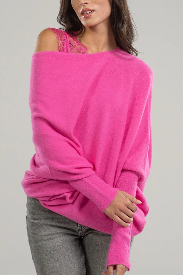 Solid Color Round Neck Long Sleeve Loose Knitted Sweater-consonak