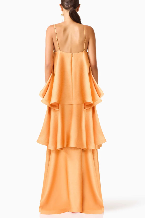 Soft and Smooth Satin Tiered Slip Square Neck A-line Maxi Dress | Consonak