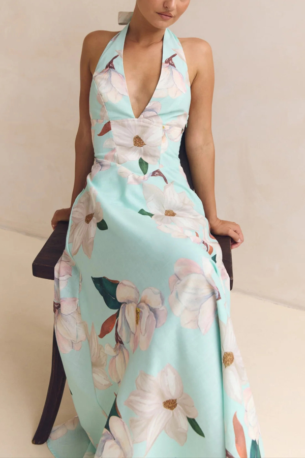 Floral Print V-neck Backless Tie-up Fitted Waist Elegant Maxi Dress-consonak