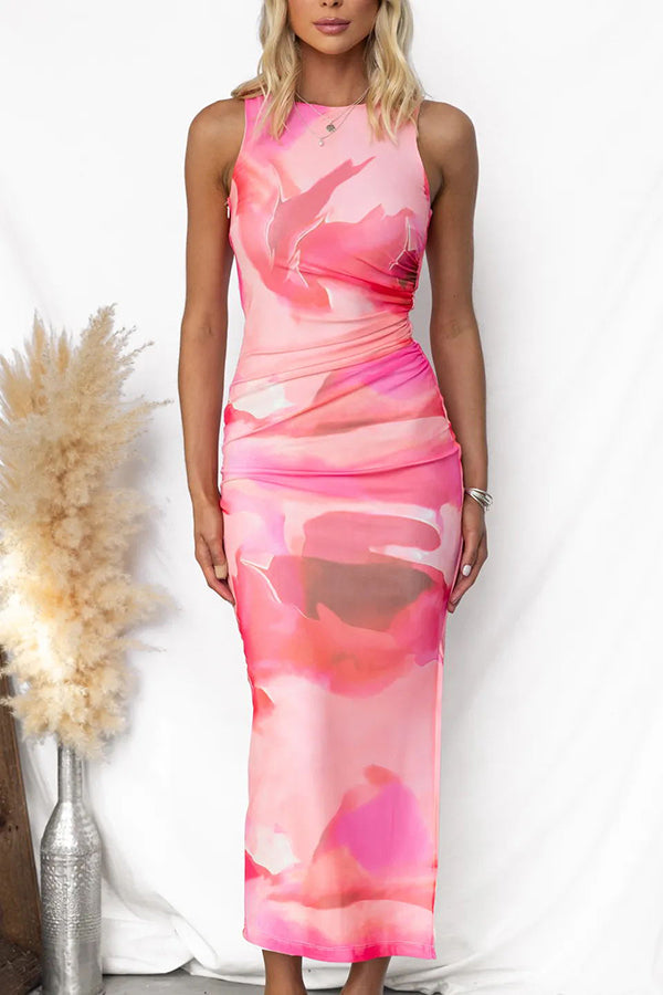 Baha Mesh Overlay Floral Print Ruched Tank Stretch Maxi Dress-consonak