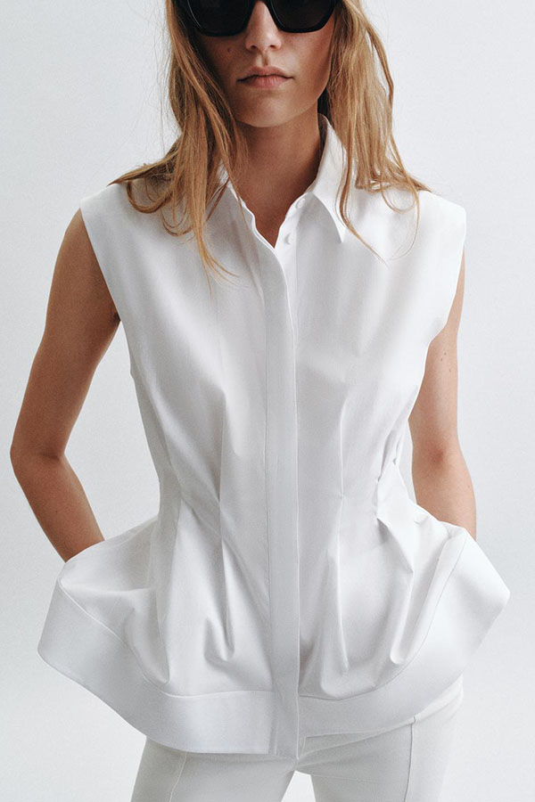 Devon Lapel Button Up Sleeveless Pleated Waist Flare Hem Shirt | Consonak
