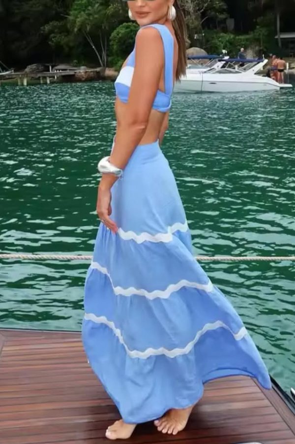 Stylish Color-blocked Camisole Top and Casual Holiday Maxi Skirt Set