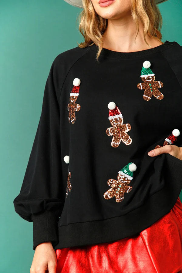 Christmas Gingerbread Man Sequined Long Sleeve Sweatshirt-consonak