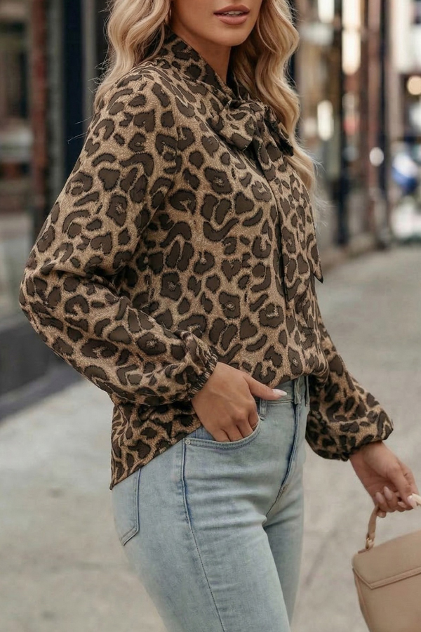 Leopard Print Bow Collar Long-sleeved Loose Shirt-consonak