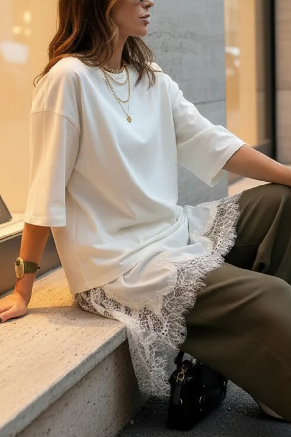 Stylish Round Neck Short-sleeved Patchwork Lace Hem Loose T-shirt-consonak