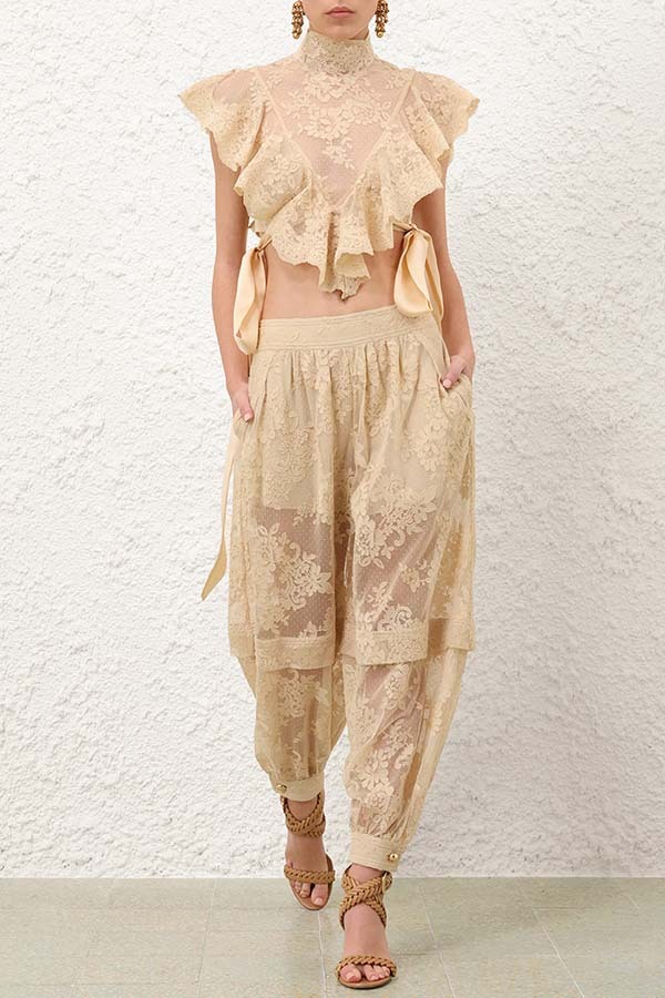Ellie Lace Gathered Waist Pocket Button Ankle Cuffs Harem Pant-consonak