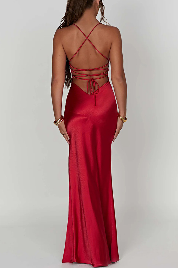Satin Solid Color Sexy Backless Lace Up High Slit Maxi Dress-consonak