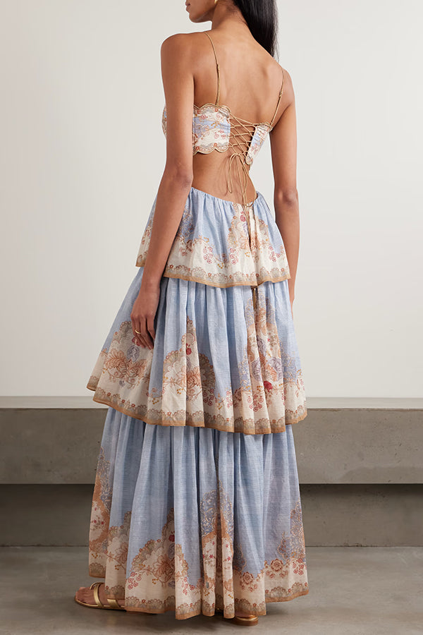 Daylight Unique Print Cutout Waist Back Lace-up Tiered Hem Maxi Dress