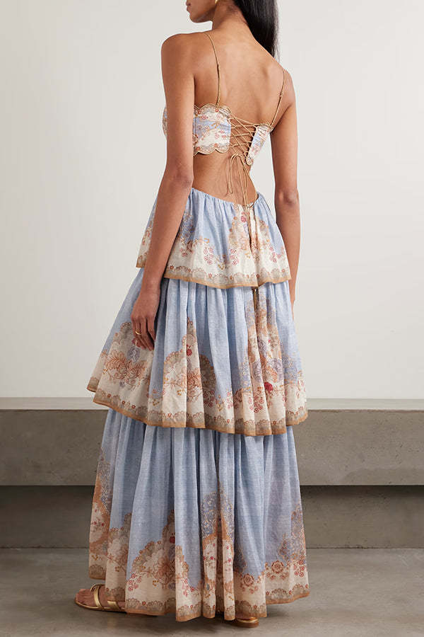 Daylight Unique Print Cutout Waist Back Lace-up Tiered Hem Maxi Dress