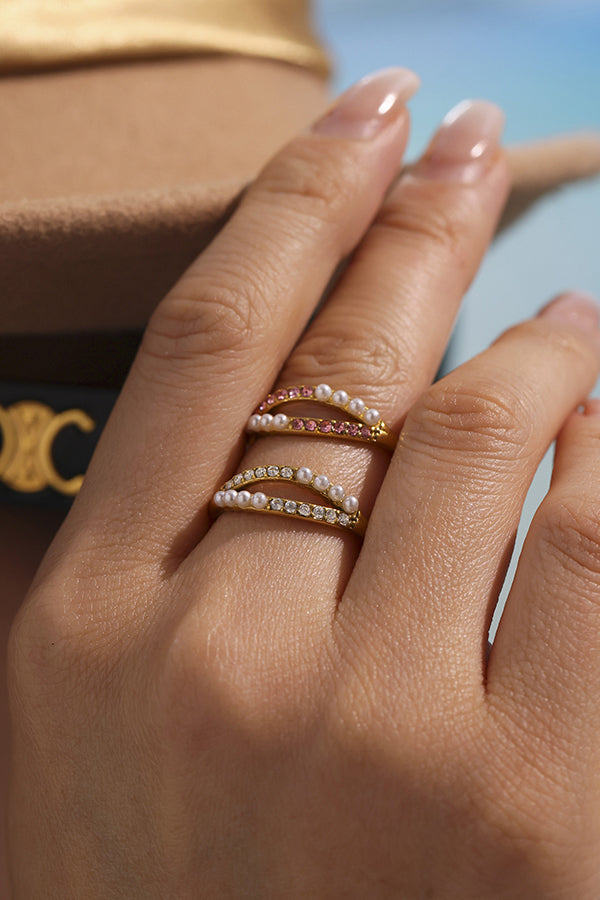 Fashionable Double-layer Inlaid Rhinestone Pearl Ring-consonak