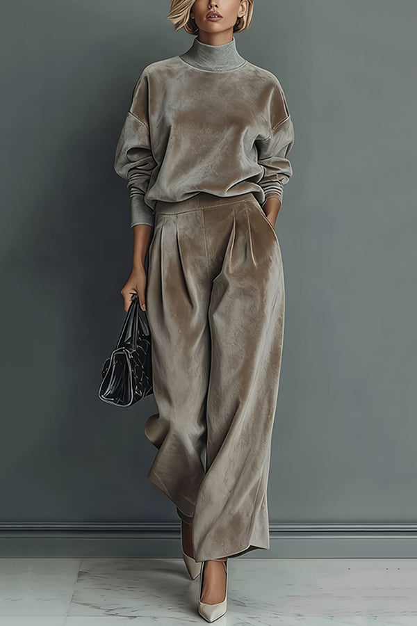 Stylish Velvet Turtleneck Long-sleeved Top and Casual Pocket Wide-leg Pants Set-consonak