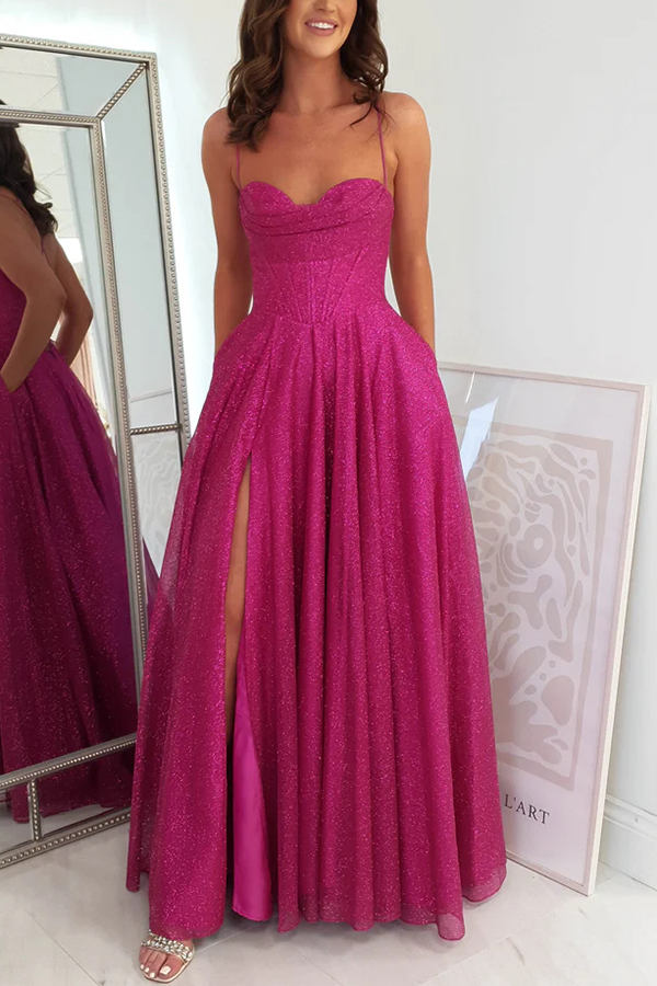 Cinderella Glitter Tulle Fabric Cowl Neck Back Lace-up Pocketed Slit Maxi Dress-consonak