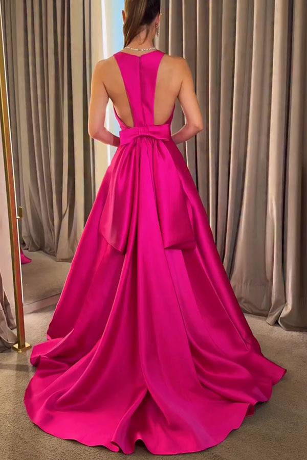 Modern Charm Satin Back Bow Detail Pocketed Porm Maxi Dress-consonak