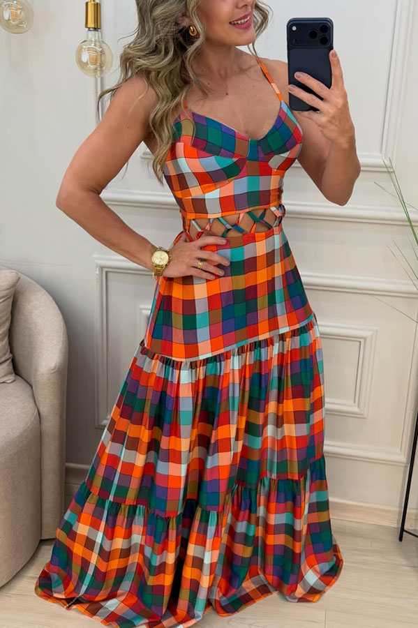 Modern Colorful Plaid Print Openwork Weave Detail Waist Back Smocked Maxi Dress