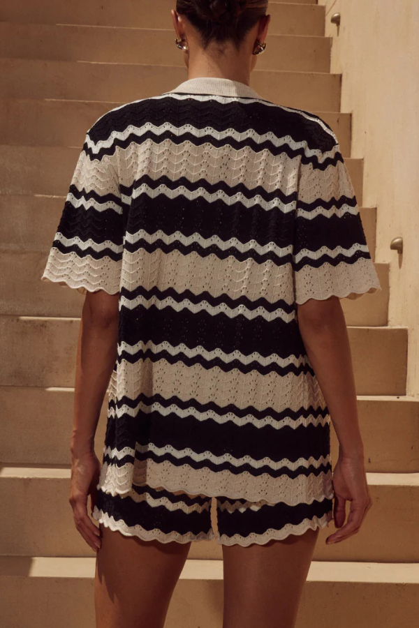 Stylish Color-blocked Striped Loose-fitting Short-sleeved Top and Elastic Waist Casual Shorts Knitted Cover-up Set-consonak