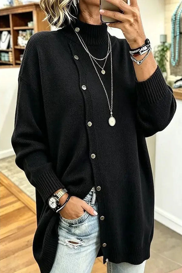 Warm Season Knit Turtleneck Button-down Long Sleeve Loose Sweater-Consonak