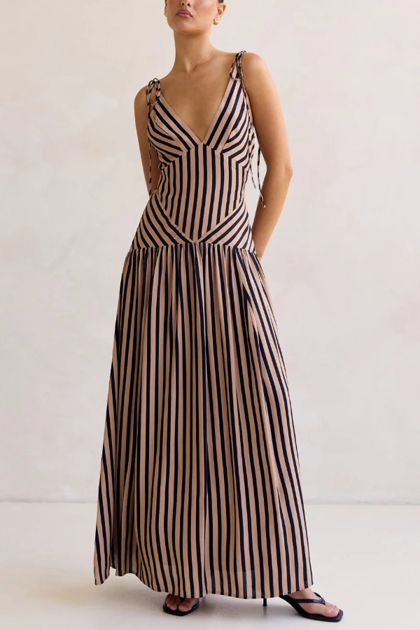 Striped Print Tie Backless Sleeveless V-Neck Elegant Maxi Dress