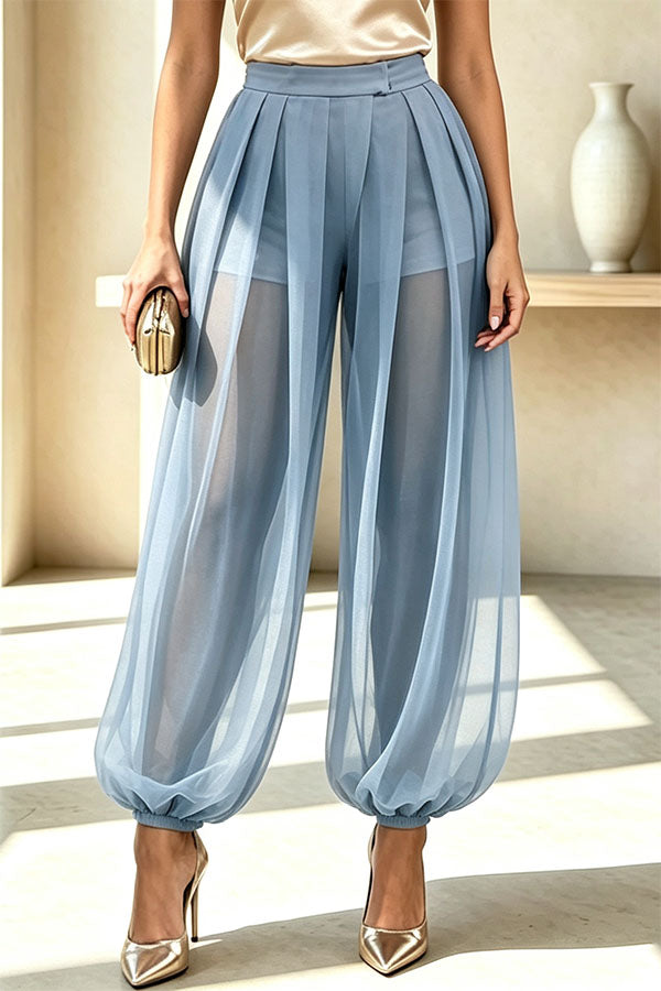 Semi-sheer Mesh Solid Color Mid Rise Patchwork Loose Lantern Pants-Consonak