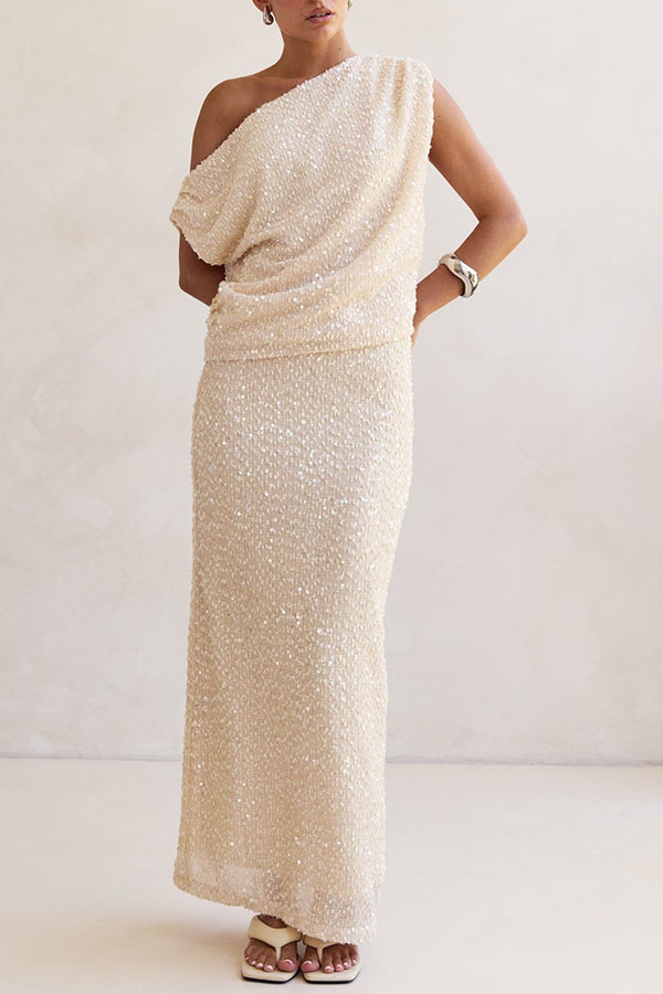 Milla Knit Sequin Asymmetrical Neck Draped Loose Top-consonak
