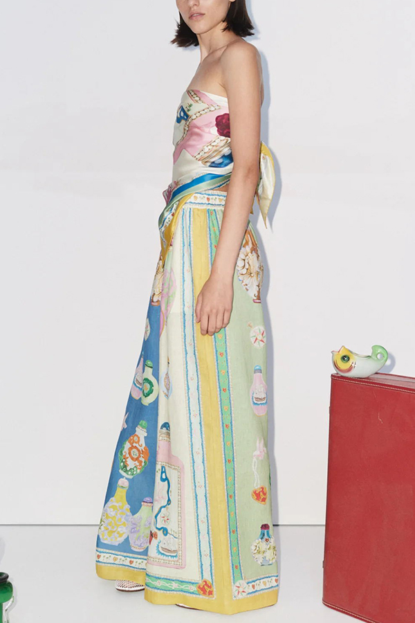 Creating Memories Linen Blend Unique Print Elastic Waist Pocket Wide Leg Pants-consonak