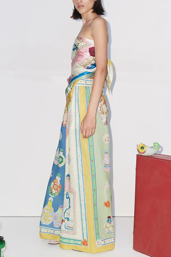 Creating Memories Linen Blend Unique Print Elastic Waist Pocket Wide Leg Pants-consonak