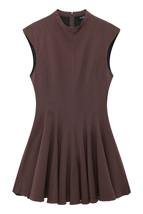 Solid Color Round Neck Sleeveless Waist Mini Dress-consonak