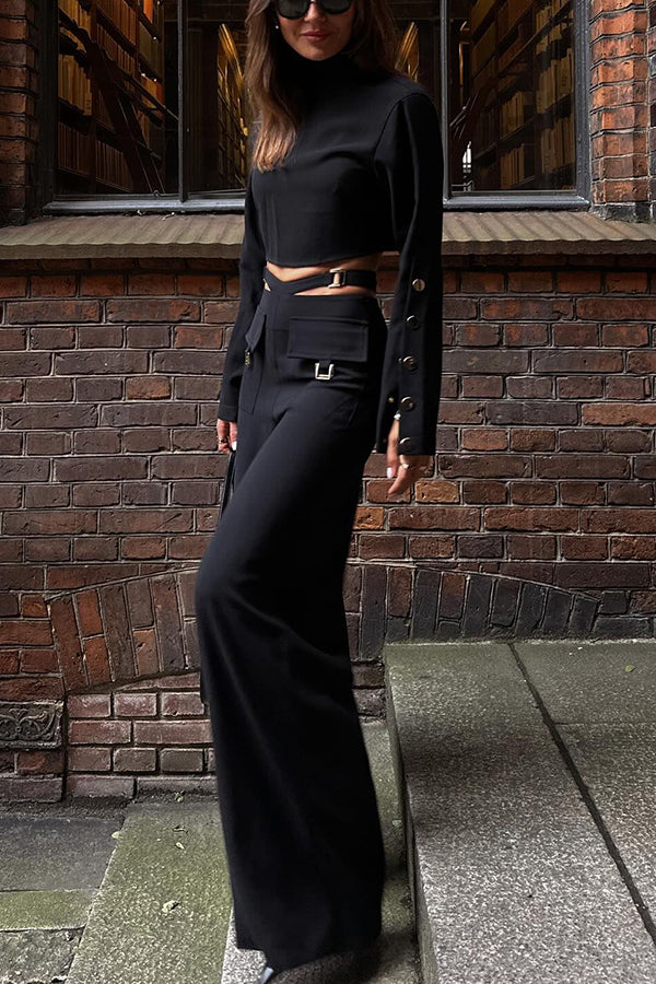 Leia High Neck Button Bell Sleeve Top and Cutout Waist Metal Pocketed Flare Pants Set-consonak