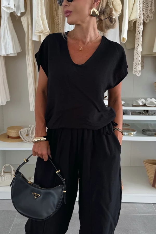 Linen Blend Solid Color V-neck Short-sleeved Top and Elastic Waist Pocket Bloomers Pants Set