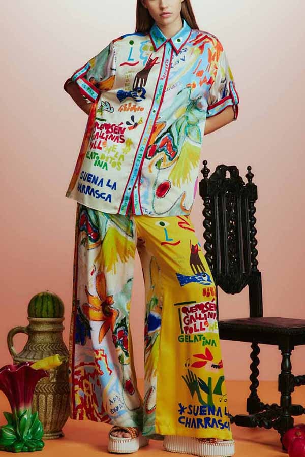 Raina Satin Unique Print Short-sleeved Loose Shirt and Elastic Waist Pocket Pants Set-consonak