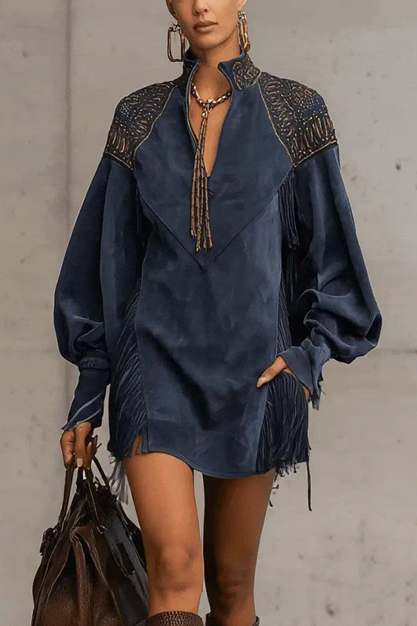 Stylish Suede V-neck Long-sleeved Tassel Loose Mini Dress-consonak