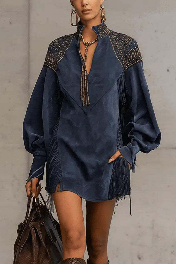 Stylish Suede V-neck Long-sleeved Tassel Loose Mini Dress-consonak