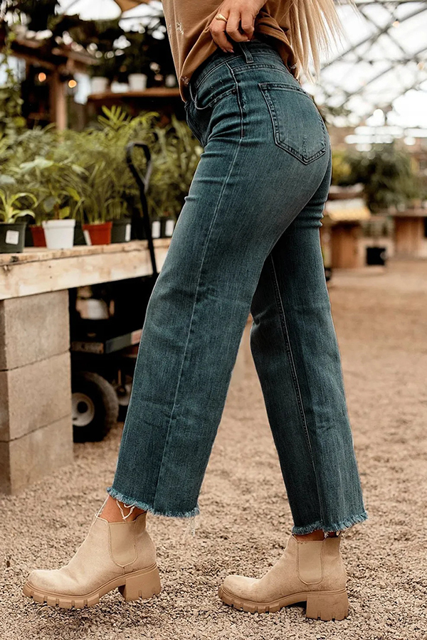 Stylish Raw-edge Mid-rise Pocket Stretch Straight-leg Jeans-consonak