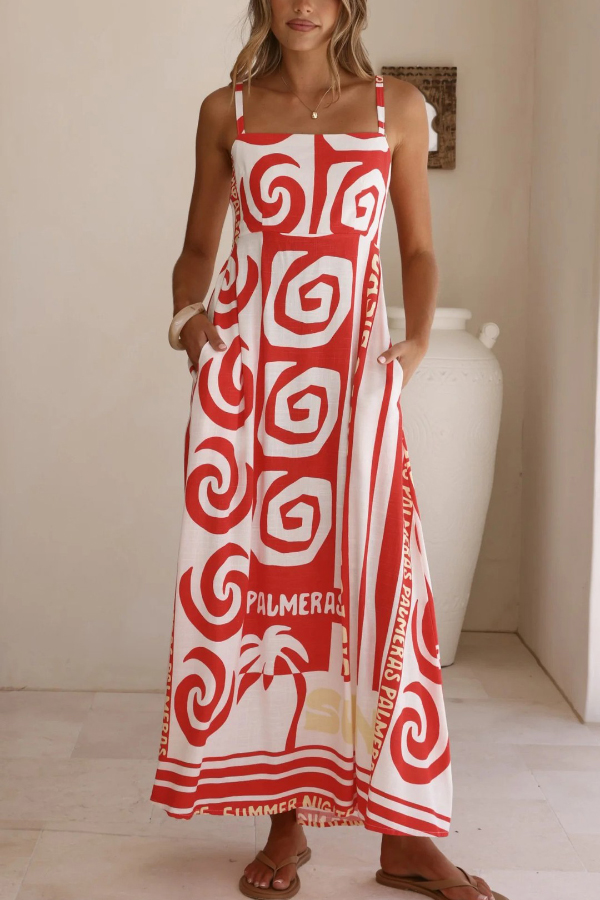 Unique Printed Sleeveless Square Neck Casual Pocket Vacation Maxi Dress