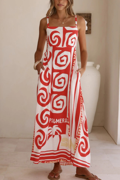 Unique Printed Sleeveless Square Neck Casual Pocket Vacation Maxi Dress