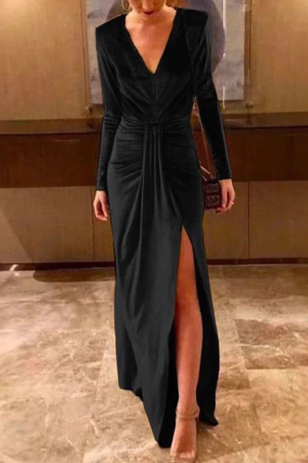 Solid Color Velvet V-neck Long Sleeve Elegant Slit Maxi Dress-consonak