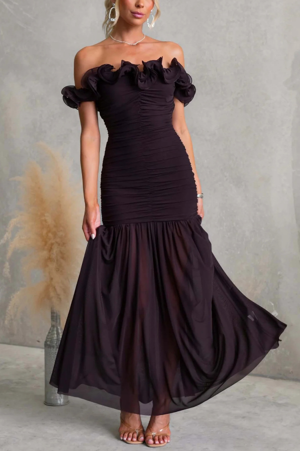 Solid Color Off-shoulder Pleated Backless Slim-fit Elegant Mesh Maxi Dress