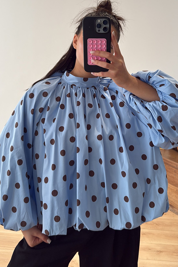 Issie Polka Dot Print Turtleneck Knotted Balloon Sleeve Back Slit Loose Blouse