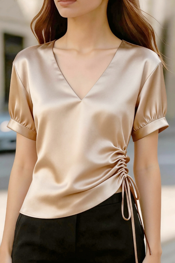 Solid Color Satin V-neck Short-sleeved Side Waist Ruching Casual Top | Consonak