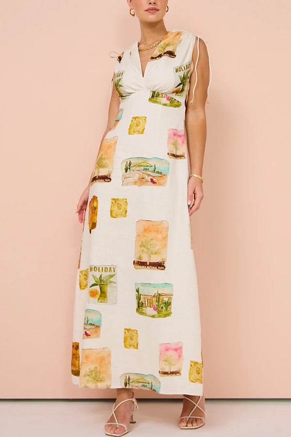 Art Summer Linen Blend Unique Print Drawstring Shoulder Loose Maxi Dress-consonak