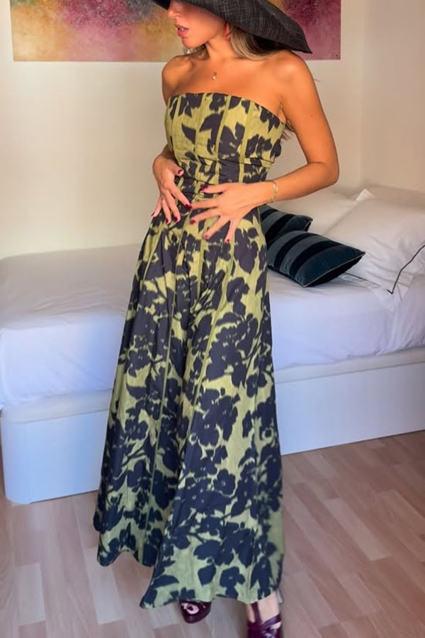 Elara Linen Blend Floral Print Princess Line Design Detachable Sleeves Maxi Dress | Consonak