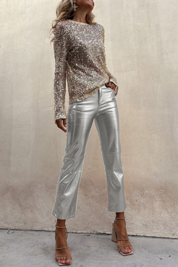Sinclair Metallic Faux Leather High Rise Pocketed Straight Pants-consonak