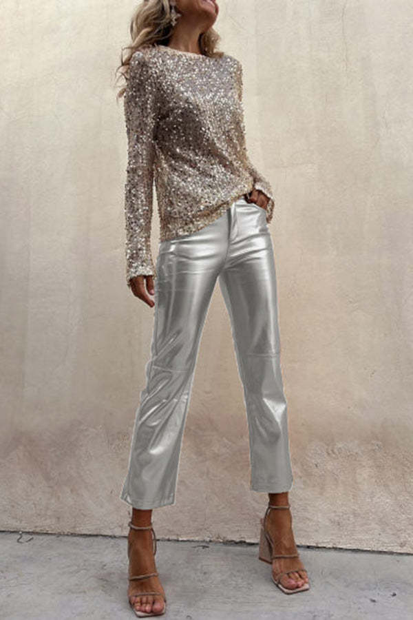 Sinclair Metallic Faux Leather High Rise Pocketed Straight Pants-consonak