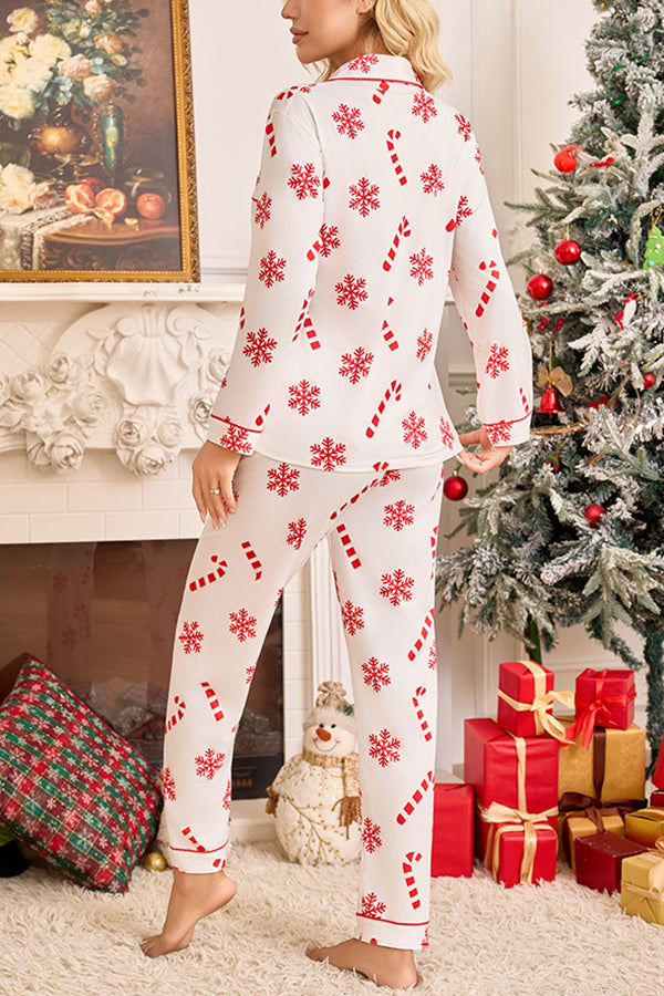 Snowflake Candy Print Casual Long-sleeved Shirt and Elastic Waist Pants Set-consonak