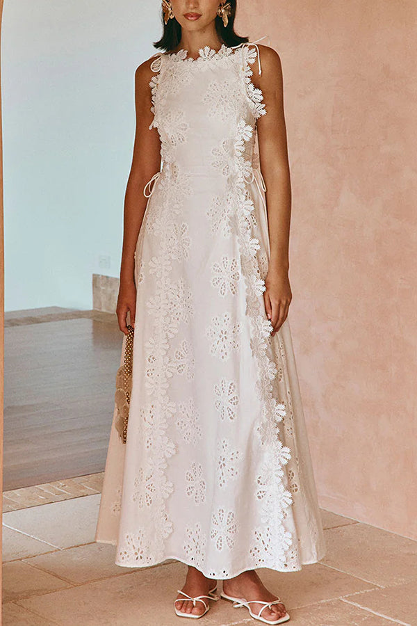 Mairi Embroidery Hollow Fabric Delicate Flower Trim Side Lace-up Maxi Dress | Consonak