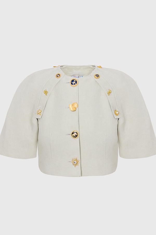 Custom Look Linen Blend Unique Metal Pattern Buttons Slit Half Sleeve Crop Jacket | Consonak