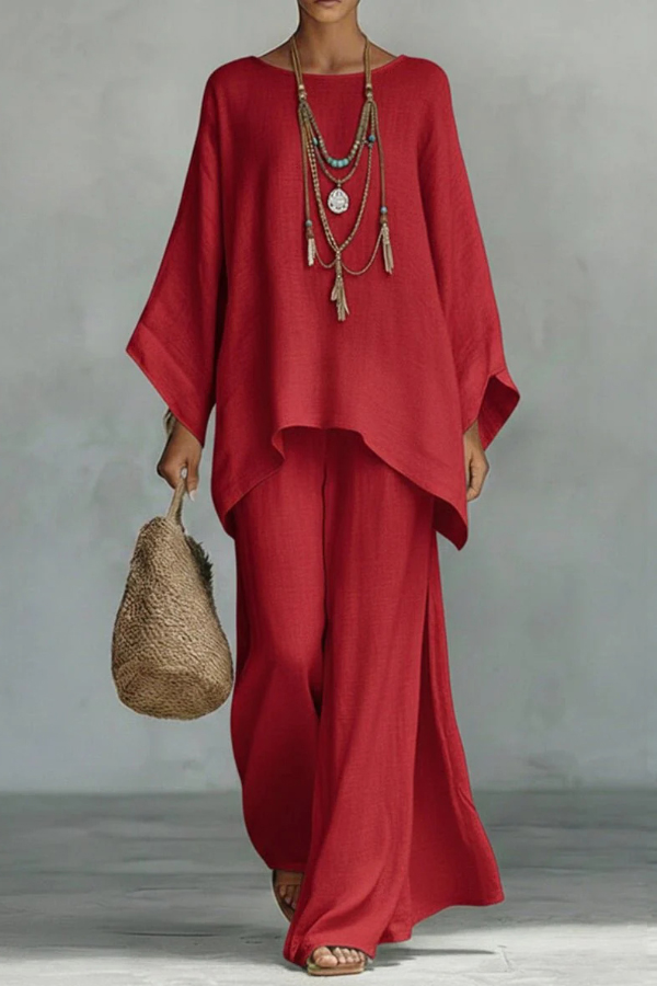 Linen Blend Crew Neck Long-sleeved Loose Top and Elastic Waist Casual Wide-leg Pants Set