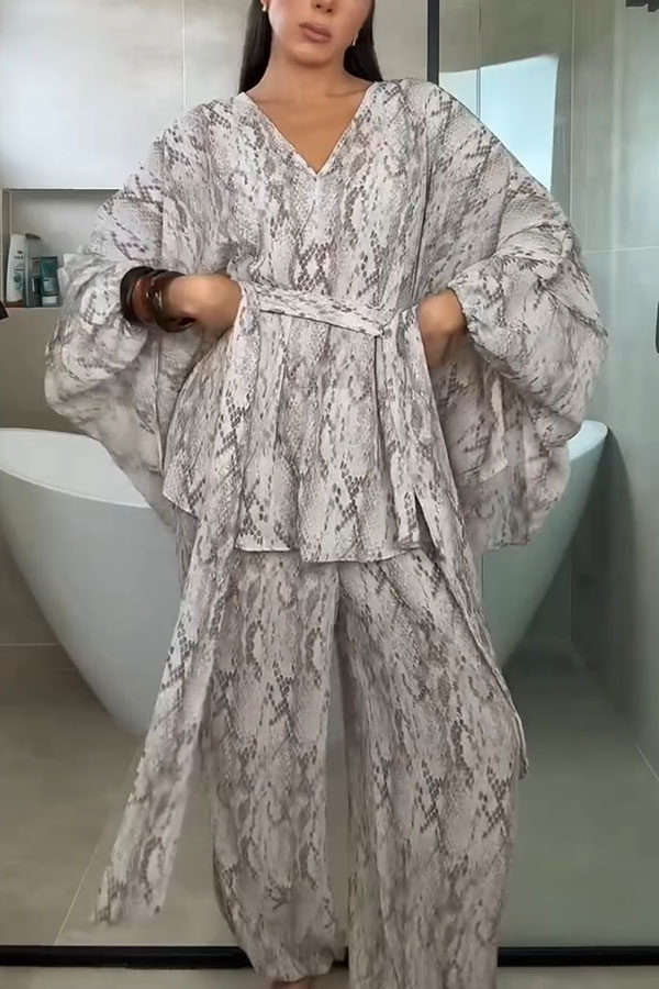 Gerrie Animal Print Batwing Sleeve Tie-up Shirt and Elastic Waist Pocket Loose Bloomers Pants Set